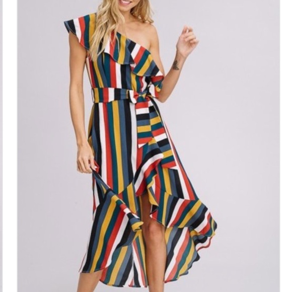 Multi Stripe One Shoulder Ruffle Wrap Dress - Picture 5 of 6